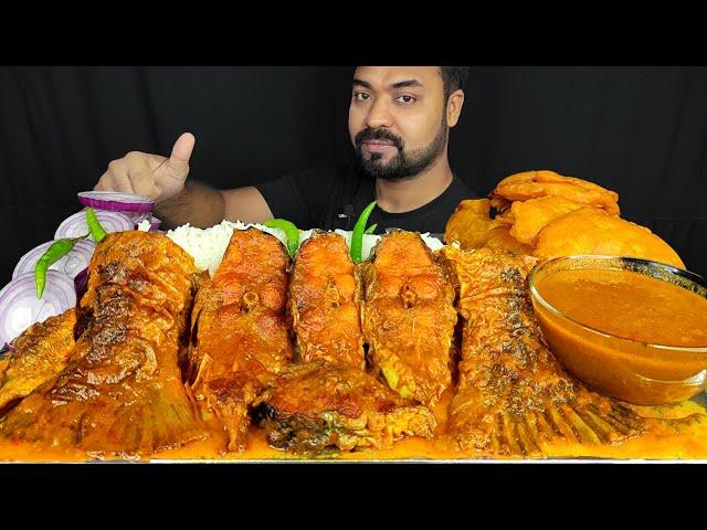 HUGE SPICY BIG FISH CURRY, FISH GRAVY, PUMPKIN PAKORA, SALAD, RICE MUKBANG EATING SHOW | BIG BITES