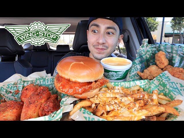 EATING WINGSTOP MUKBANG MANGO HABANERO CHICKEN SANDWICH, SAUCY VOODOO FRIES, CAJUN WINGS ASMR