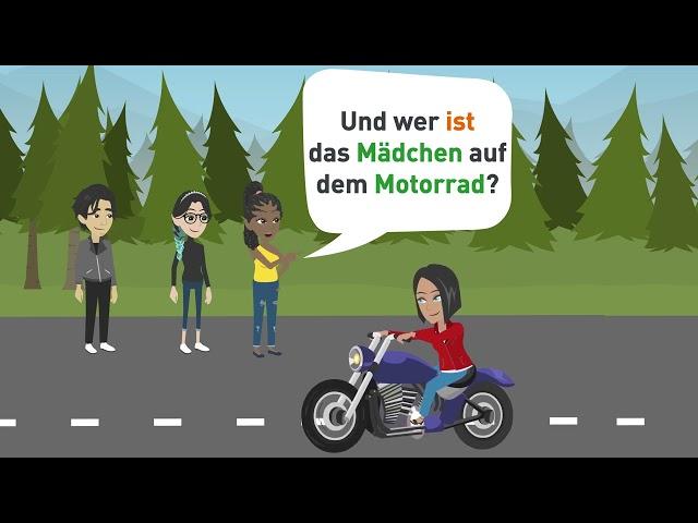 And who is the girl on the motorcycle? | Relative clauses and declension of adjectives