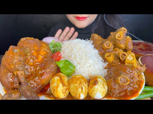 ASMR EATING MUTTON KEEMA CURRY,SPICY WHOLE CHICKEN CURRY,EXTRA GRAVY,RICE AND SALAD *FOOD VIDEO*