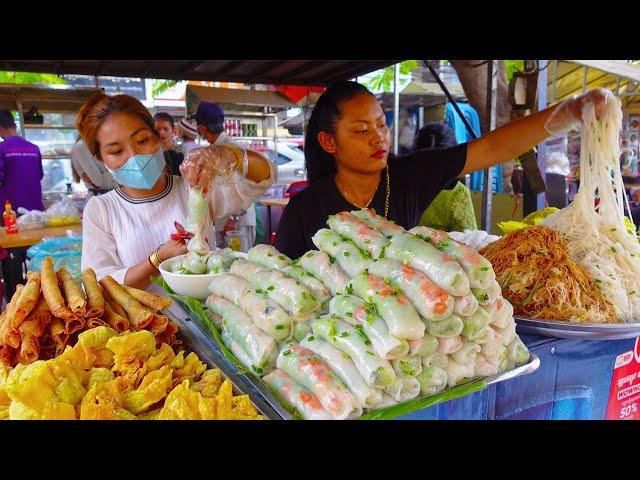 Most Famous Place for Spring Rolls, Yellow Pancake, Noodles & Fried Wonton - Cambodian Street Food