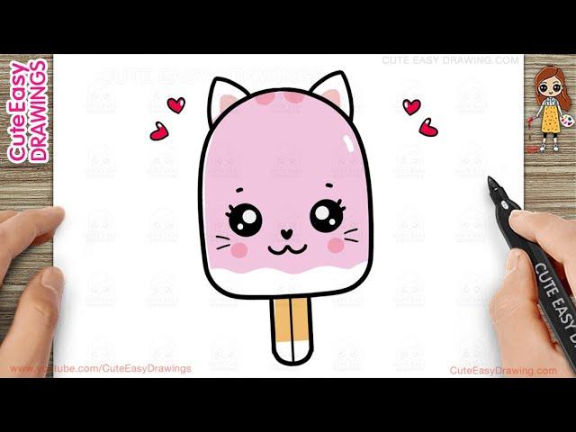 How to Draw Cute Kitty Ice Cream Easy Step-By-Step, Drawing and Coloring for Kids and Toddlers