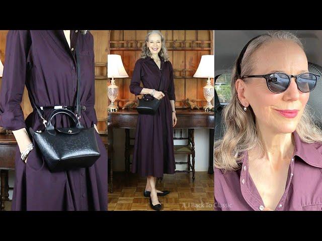Timeless Style: Longchamp XS Le Pliage Bag, Plum Shirtdress, Pointed-Toe Flats / Classic Fashion