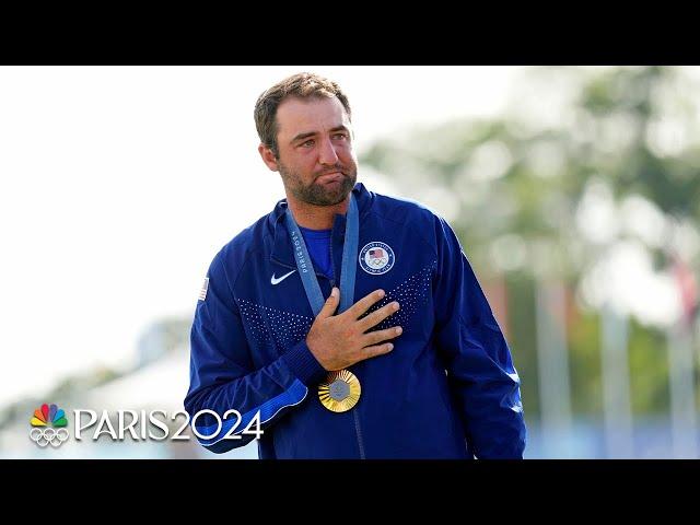 Scottie Scheffler tears up during medal ceremony, national anthem after taking gold | Paris Olympics