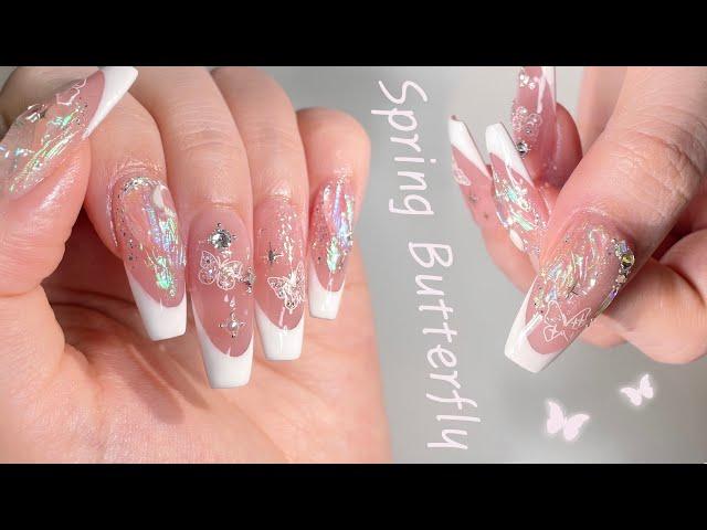 Spring Butterfly Nail Art 4 ways to get French nails! acrylic gel extensions / asmr