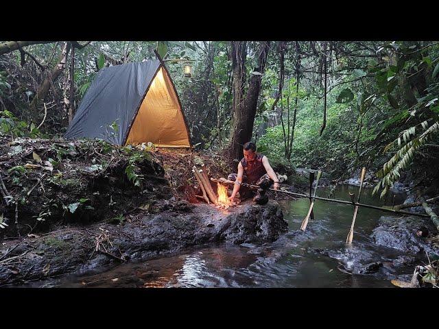 3 Days SOLO CAMPING In RAIN - BUSHCRAFT Tent Shelter - Survival Skills - Grilling Chicken on a Rock