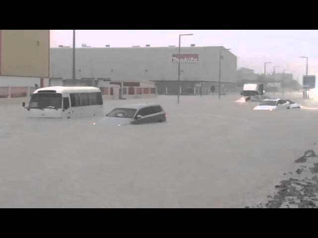 Cars stuck at a flooded street in Jebel Ali industrial area