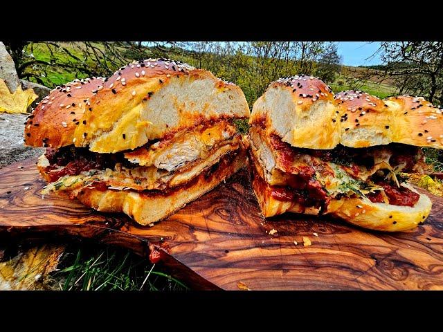 A Giant Chicken Parm Sandwich, only a few people can eat the whole thing. ASMR Outdoor Cooking.