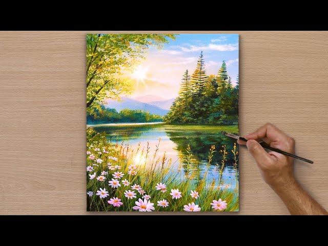 Draw a Lake landscape in the forest / Acrylic landscape painting / Art painting