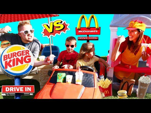 NEW - McDonalds DRIVE THRU vs Burger King NEIGHBORS Kids Driving Cars Power Wheels + Prank Fast Food