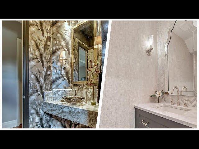 75 Marble Tile Medium Tone Wood Floor Powder Room Design Ideas You'll Love 