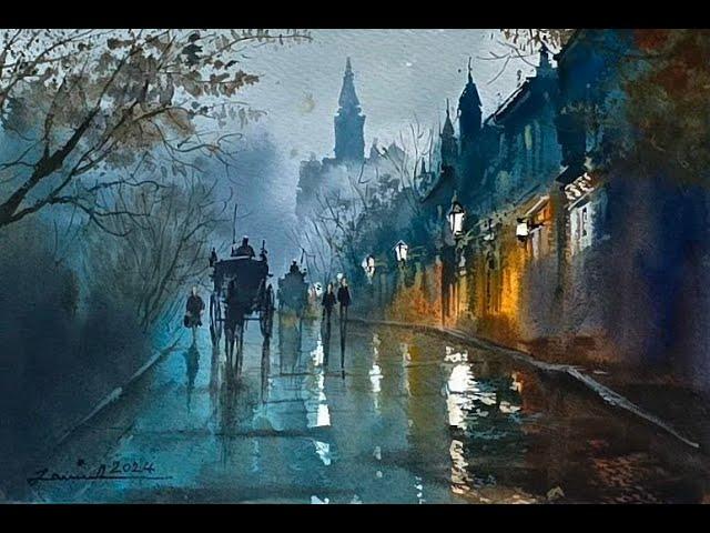 Watercolor painting tutorial-a Rainy Night