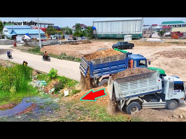 Good Job, Filling Up The Land huge, By Bulldozer MITSUBISHI BD2F, Dump Truck Unloading