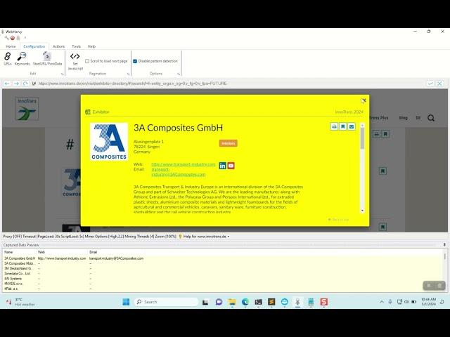 Scraping www.innotrans.de | company name, email, website