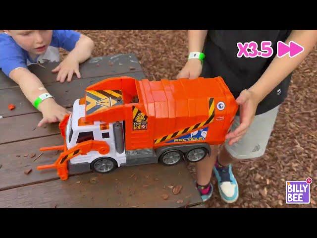 Pretend Play with Garbage Truck Toys, Mini Bins and Goats