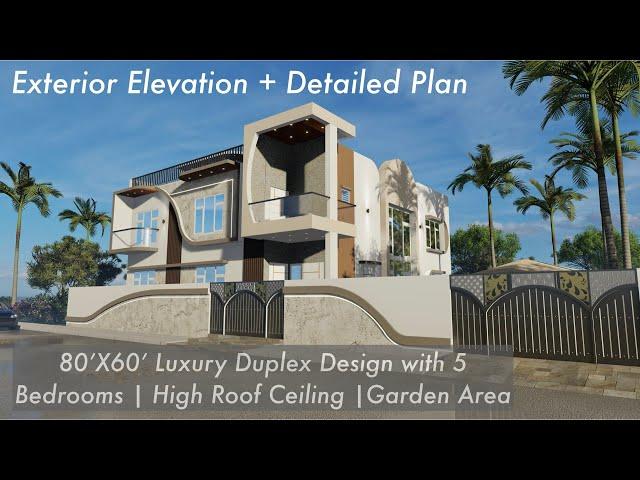 80X60 Feet Duplex House Design with 5 Bedrooms and open garden space