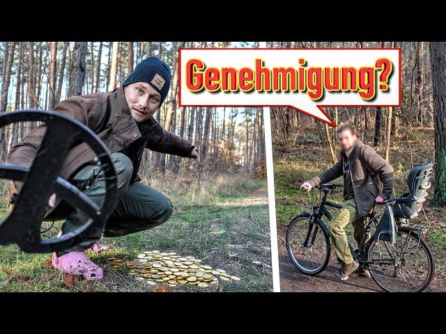 Curious passerby treasure hunting on forest paths with metal detector  (detecting)