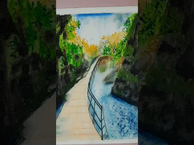 Mountain Landscape with Bridge | Oil Pastel Art #shorts #arttutorial #mountainpainting