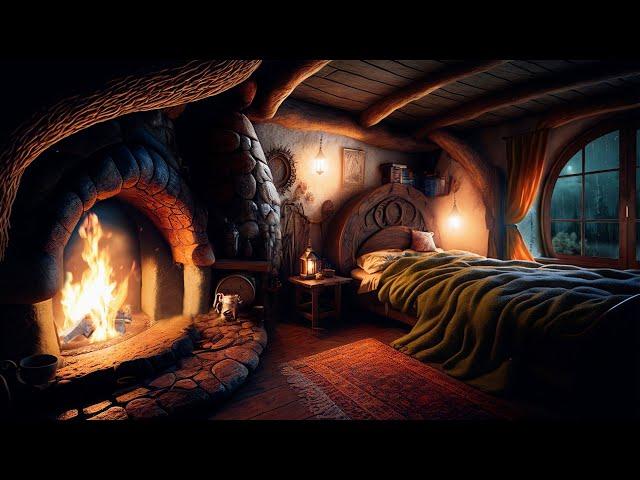 Cozy Hobbit Bedroom - Relaxing Fireplace with Soothing Rainfall Sounds / rain on roof / Deep Sleep