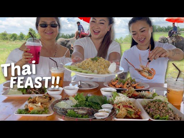 Thai FOOD Feast! Family Mukbang at Beautiful Elephant Cafe Rice Field | N.E Let's Eat