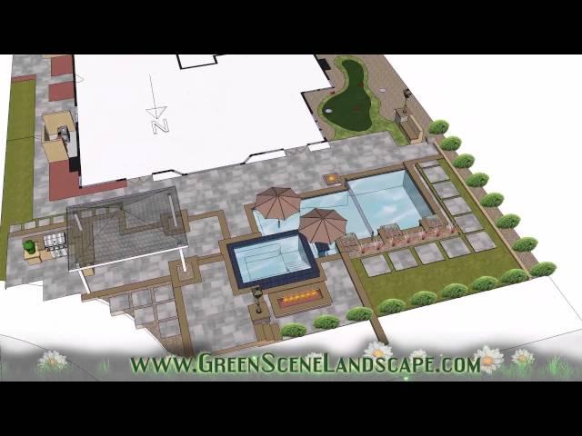 Swimming pool and spa, outdoor kitchen, and putting green