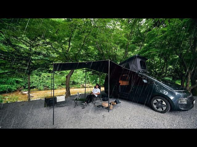 Solo Minimalist Camping by a Scenic Stream in Korea [Rain Shower, ASMR]