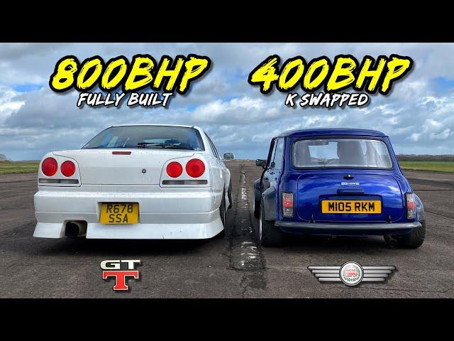 DAVID vs GOLIATH.. 800HP R34 SKYLINE vs 400HP K20 SLEEPER MINI