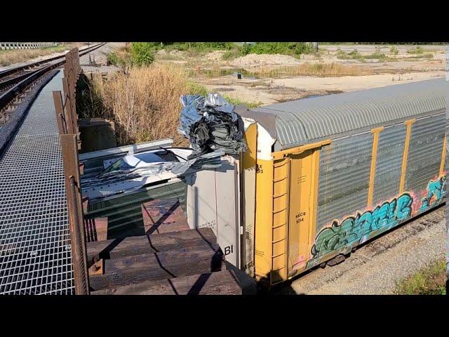 TRAIN CRASHES INTO BRIDGE. LOW CLEARANCE BRIDGE VS AUTORACKS. BRAND NEW CARS DESTROYED.