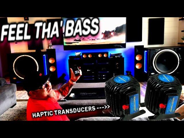 FEEL the Bass  2 ButtKicker Haptic transducers installed in the couch on 2 1000 Watt amps