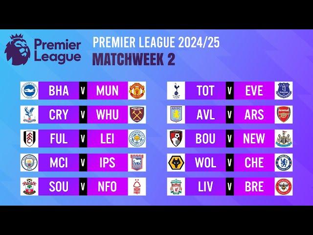 Matchweek 2: Match Schedule | Premier League 2024/25.