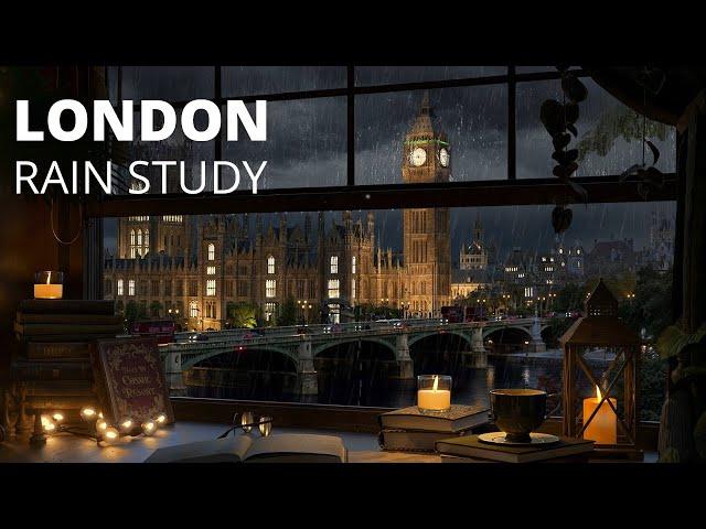 London Big Ben View Rain Study Ambience / Victorian Dark Academia with Distant Thunderstorm Sounds