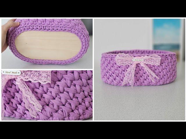 The densest crochet pattern for large baskets. Oval basket made of knitted yarn.