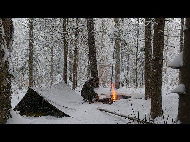 Solo Winter Bushcraft Camp in a Snow Storm