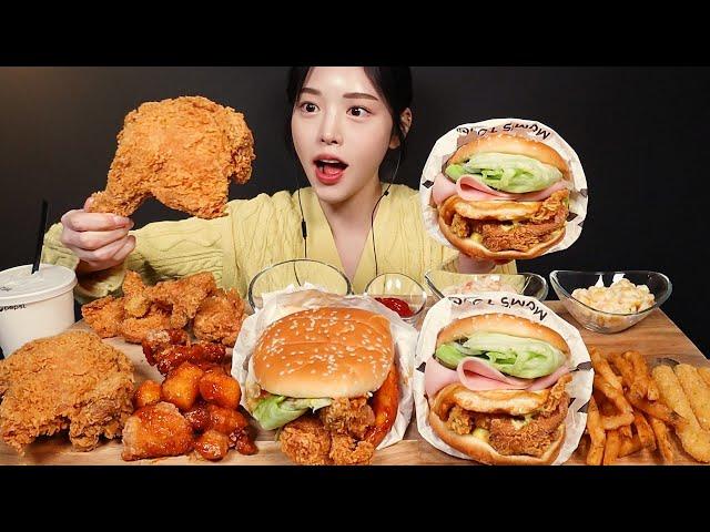 SUB)Mom's Touch Burgers With Crispy Fried Chicken, Cheese Sticks, and Fries Mukbang Asmr