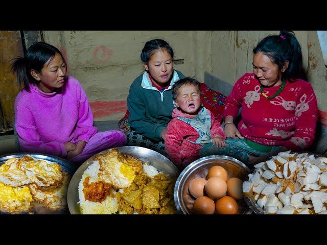 Squash roots and Egg Omelette Recipe with rice cooking and eating in village kitchen || Village Vlog