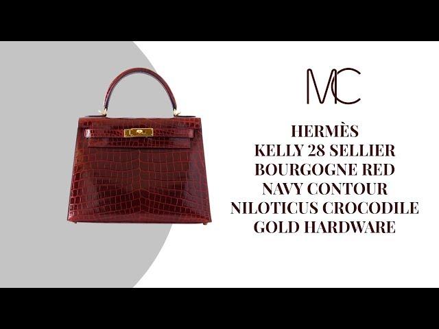 • MIGHTYCHIC • HERMÈS Kelly 28 Sellier Bourgogne Red Navy Contour Crocodile Gold Hardware