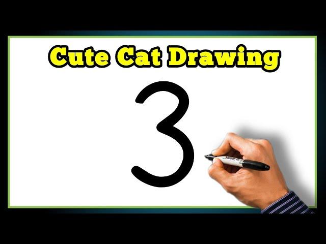 Beautiful Cat Drawing | Simple Cat Drawing | How to Draw Cat with number 3 | Cat Drawing Tutorial