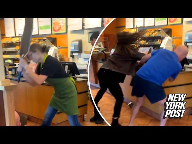 Fearless Panera worker bashes customer with bread pan after he assaults patrons in violent outburst