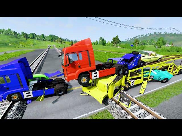 Double flatbed trailer truck vs speed bumps | Train vs Cars | Tractor vs Train | BeamNG drive 7