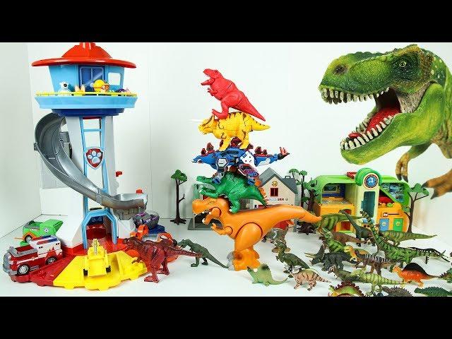 공룡 장난감 뽀로로 미끄럼틀 퍼피 구조대 전망대 놀이 Dinosaur with Paw Patrol Tower Slide Toys