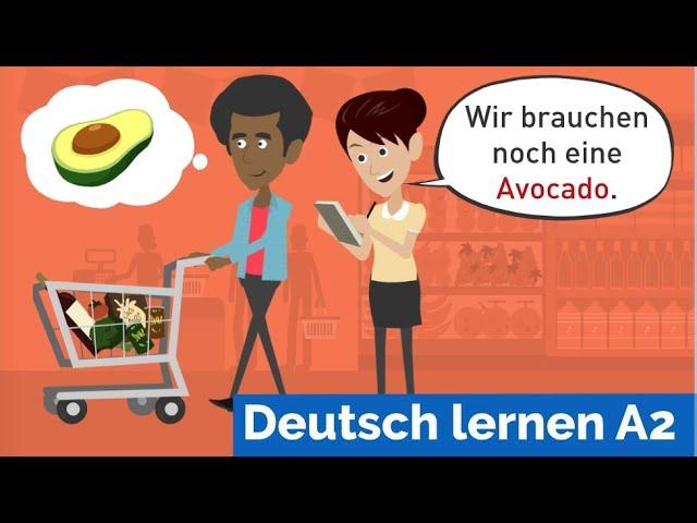 Deutsch lernen mit Dialogen / Tina und Daniel kaufen im Supermarkt ein. / Wortschatz Lebensmittel