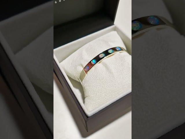 Gorgeous Blue Opal 9ct White Gold Bangle #OpalJewelry #GemstoneBeauty #HandmadeJewelry #CustomDesign