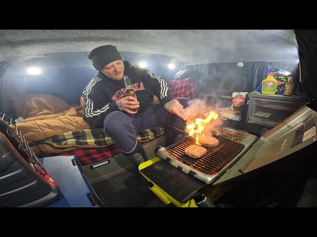 Grilling Burgers In My Truck Camper On A Cold Windy Night