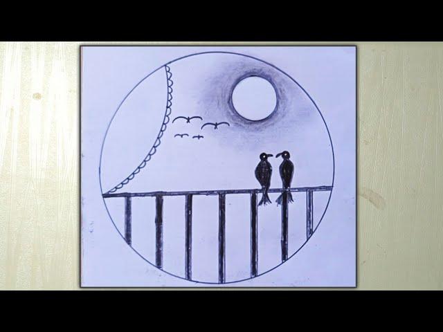 Simple Circle Drawing Tutorial | Two Birds on a Fence at Sunset 