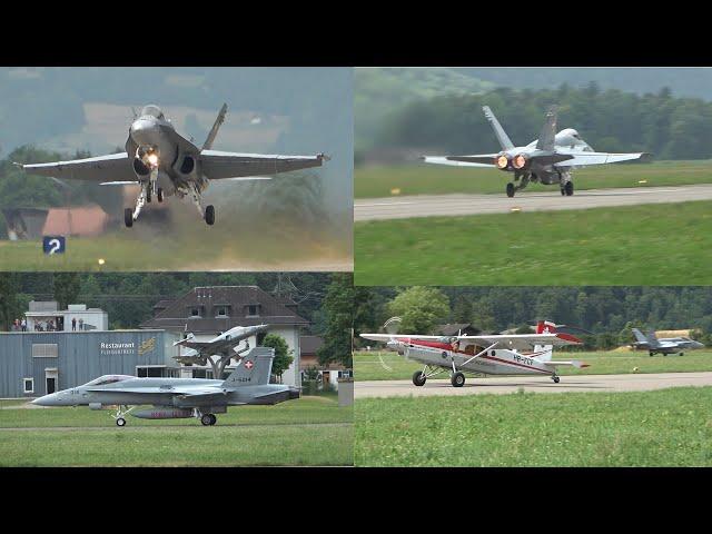 Busy Thursday at MEIRINGEN AIRBASE - F/A18 Hornet GO AROUND, F5 Tiger, Pilatus Porter, Helicopter