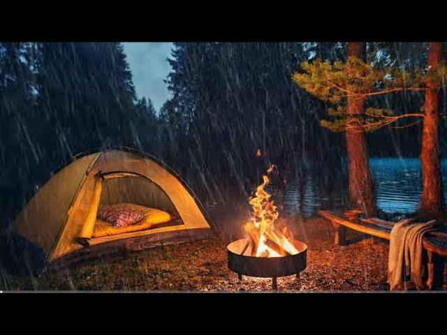 A rainy night tent camping next to the fire to help you sleep #rain, #sleepnoise