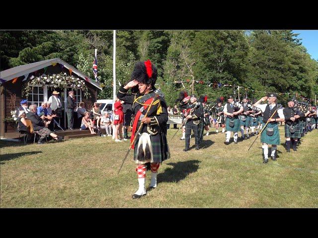 Scotland the Brave as Drum Major leads Pipes and Drums on the march off at 2023 Drumtochty Games