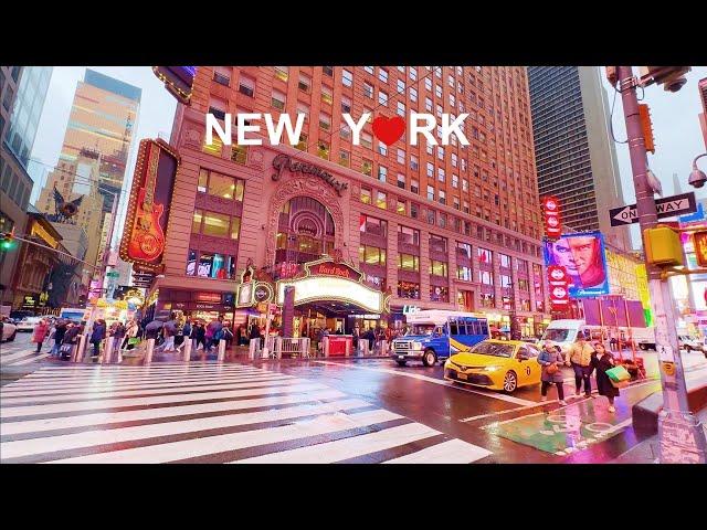 New York Rainy Day Walk - Columbus Circle through Time Square 4K NYC