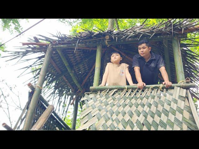 Roofing process - boy learns how to weave coconut leaves - make bamboo stairs