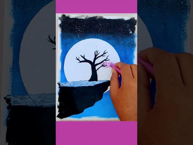 Easy oil pastel blue sunset painting with beautiful tree  #shorts #shortsfeed #viralvideo